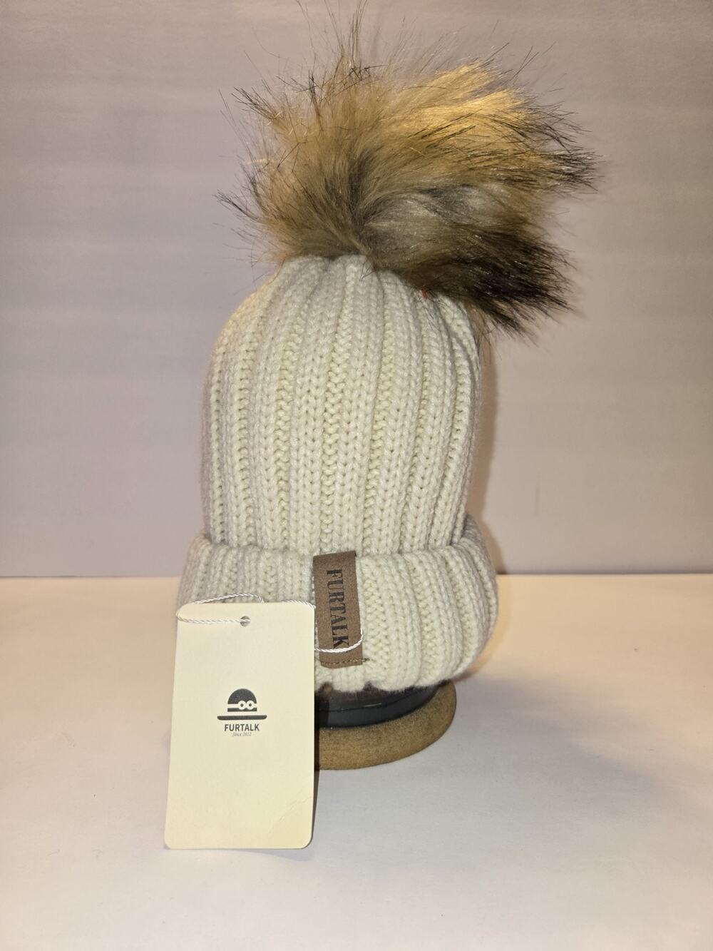 FURTALK Ivory Knit Beanie Pom Pom Hat NWT and FAUX FUR